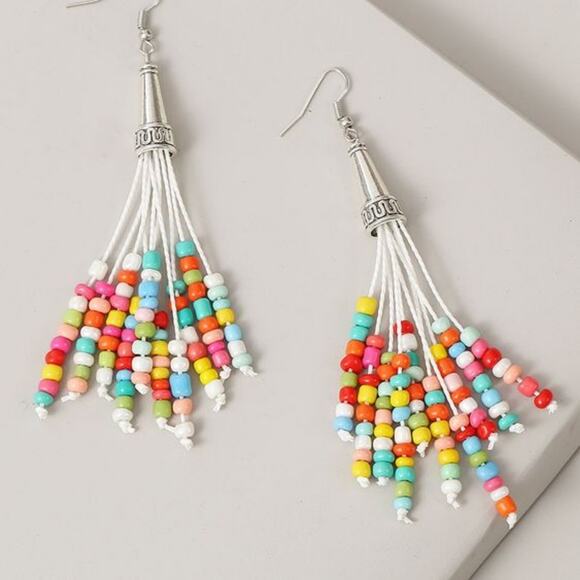 New Silver Boho Hippie Tassel Woven Beaded Earrings Festival - Picture 1 of 4